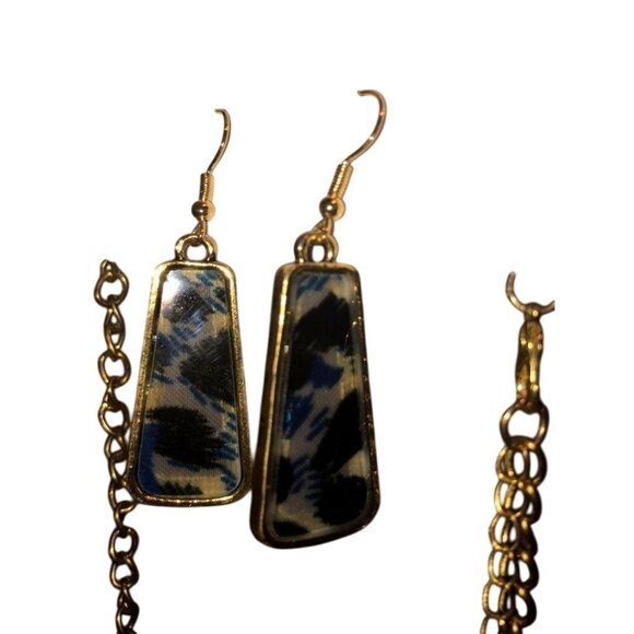 Bohemian Bib Necklace & Earrings Set Gold Chain Blue Printed Resin Alloy - Picture 6 of 6